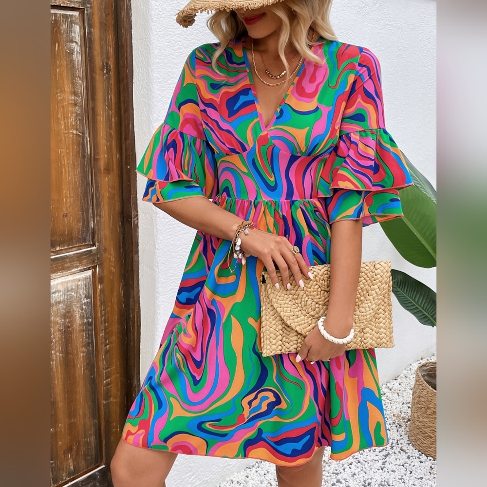 Whimsy Color Waves V-Neck Dress - Picture 3 of 10